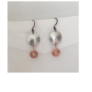 Aluminum Disc & Copper Swirl Dangle Earrings