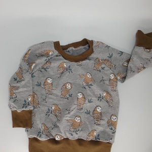 Könnte beinhalten: Ein grauer Langarm-Pullover mit einem braunen Eulen-Druck und braunen Rippbündchen an Hals und Ärmeln.
