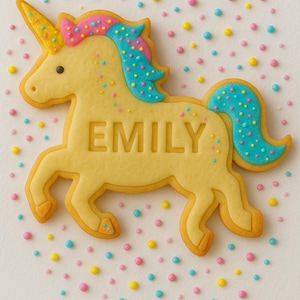 Könnte beinhalten: Ein gelber Einhornkeks mit einem Horn, einer Mähne und einem Schweif, die mit rosa und blauer Glasur verziert sind. Der Keks trägt den Namen "EMILY" und ist von bunten Streuseln umgeben.