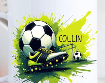 Fußball Tasse, Jungen, Kiga Tasse, Kindergarten Tasse,  Kunststofftasse oder Emaille Becher Wunschname, Tasse personalisiert, Geschenk HS99