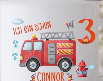 Fire engine mug, car, fire, kindergarten, ceramic, plastic or enamel mug with desired name, personalized, gift, HD23