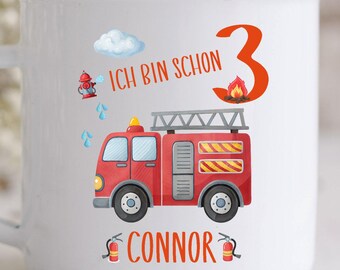 Fire engine mug, car, fire, kindergarten, ceramic, plastic or enamel mug with desired name, personalized, gift, HS1