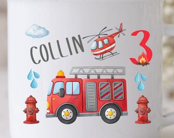 Fire engine mug, car, fire, kindergarten, ceramic, plastic or enamel mug with desired name, personalized, gift, HD21