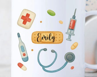 Medical mug, doctor, hospital, nurse, ceramic, plastic cup, enamel mug, desired name, personalized, gift, office, HD46