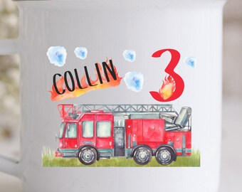 Fire engine mug, car, fire, kindergarten, ceramic, plastic or enamel mug with desired name, personalized, gift, HD20