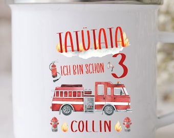 Fire engine mug, car, fire, kindergarten, ceramic, plastic or enamel mug with desired name, personalized, gift, HS4