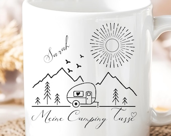 Camping Tasse personalisiert, Keramik, Kunststofftasse Emaille Becher Wunschname, personalisiert, Camper Tasse, Zelten Becher, Urlaub Tasse
