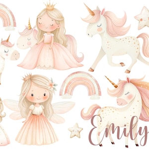 Könnte beinhalten: Aquarell-Illustration mit einer Prinzessin, einer Fee, Einhörnern, Regenbogen und Sternen in sanften Pastellfarben. Das Design umfasst eine Prinzessin in einem rosa Kleid, eine Fee mit Flügeln und ein Einhorn mit goldenem Horn. Der Name "Emily" ist kursiv geschrieben.