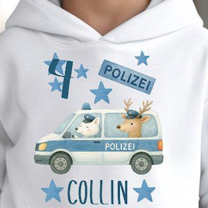 May include: White hoodie with a blue and white police car graphic. The graphic includes a dog and a deer in the car, the number 4, the word "POLIZEI", and the name "COLLIN". Blue stars are also featured in the design.
