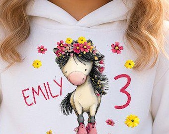Sudadera con capucha para niña, diseño de poni, personalizable, varios colores, regalo para niña HS79