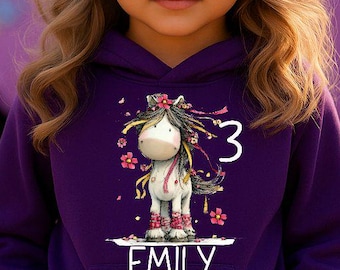 Sudadera con capucha para niña, diseño de poni, personalizable, varios colores, regalo para niña HS75