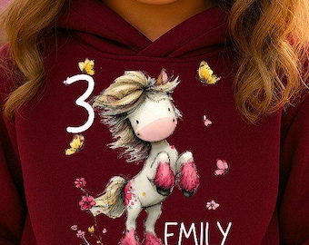 Sudadera con capucha para niña, diseño de poni, personalizable, varios colores, regalo para niña HS70