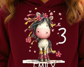 Sudadera con capucha para niña, diseño de poni, personalizable, varios colores, regalo para niña HS76