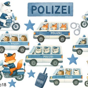Könnte beinhalten: Aquarell-Illustration mit verschiedenen Tierfiguren als Polizisten. Das Bild zeigt Polizeiwagen, Motorräder, Sterne, Handschellen und ein Funkgerät. Das Wort "POLIZEI" ist in einem blauen Banner dargestellt.