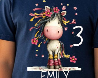 Personalized children's T-shirt, children's shirt little pony with name and number, various colors, girls' shirt, birthday shirt, HS76
