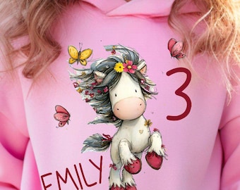 Sudadera con capucha para niña, diseño de poni, personalizable, varios colores, regalo para niña HS80