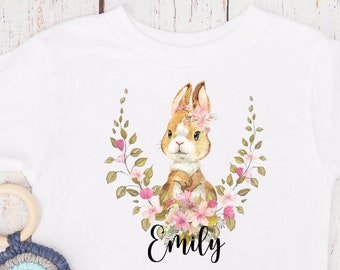 T Shirt Häschen, Hase, Kaninchen, Kranz, Blumen, Baby Body, , Kindergarten, Wasserfarben, Namenstag, Wunschname, personalisiert, Geschenk