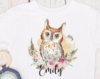 T Shirt Eule, Vogel, Uhu Wald, Tier, Kranz, Blumen, Baby Body, , Kindergarten, Wasserfarben, Namenstag, Wunschname, personalisiert, Geschenk