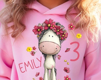 Sudadera con capucha para niña, diseño de poni, personalizable, varios colores, regalo para niña HS78