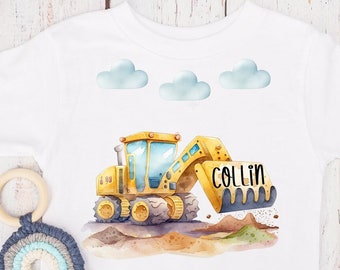 T shirt excavator construction site, car, crane, truck, baby body, kindergarten, watercolor, name day, desired name, personalised, gift