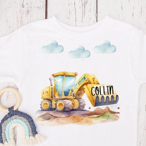 T Shirt Bagger Baustelle, Auto, Kran, Lastwagen, Baby Body, Kindergarten, Wasserfarben, Namenstag, Wunschname, personalisiert, Geschenk Bild 1