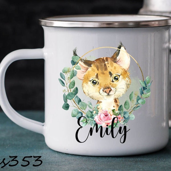 Luchs Tasse, Wald, Tier, Kiga, Kindergarten Tasse, Kunststofftasse o. Emaille Becher mit Wunschname, Tasse personalisiert, Geschenk