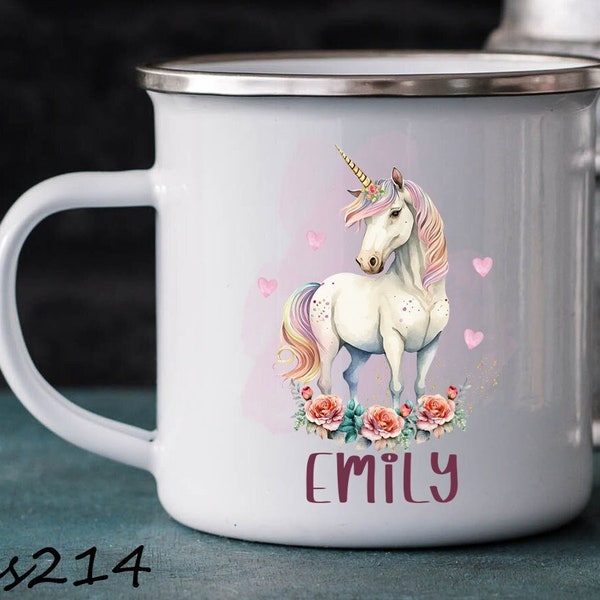 Einhorn Tasse, Mädchen, Kiga, Pferd, Kindergarten Tasse,  Kunststofftasse oder Emaille Becher mit Wunschname, Tasse personalisiert, Geschenk