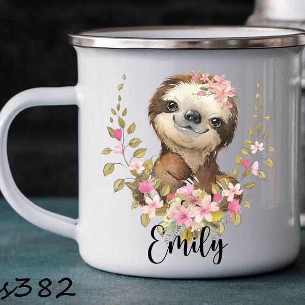 Baby Faultier, Tasse, Sommer Tasse, Blumen Tasse,  Kunststofftasse oder Emaille Becher mit Wunschname, Tasse personalisiert, Geschenk