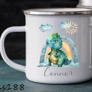 Dinosaur cup, Kiga cup, kindergarten cup, plastic cup or enamel mug with desired name, cup personalized, gift