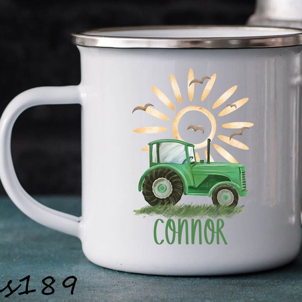 Traktor Tasse, Jungen Tasse, Kiga, Kindergarten Tasse,  Kunststofftasse oder Emaille Becher mit Wunschname, Tasse personalisiert, Geschenk