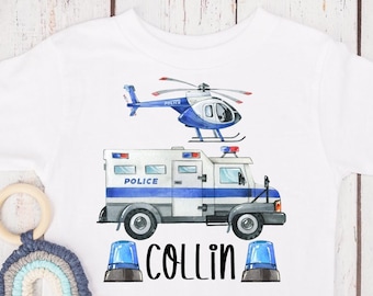 T shirt police, police car, helicopter, car, baby bodysuit, kindergarten, watercolor, name day, desired name, personalised, gift