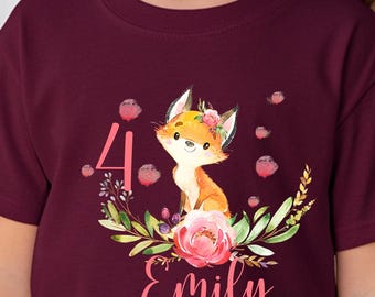 Personalized children's T-shirt, fox design, with name and number, princess design, various colors, girls' shirt, birthday shirt, PA10