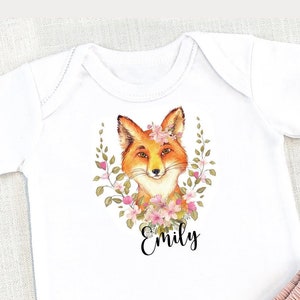 T shirt fox, forest, animal, wreath, flowers, baby body, , nursery, watercolor, name day, desired name, personalized, gift