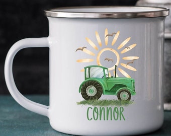 Traktor Tasse, Jungen Tasse, Kiga, Kindergarten Tasse,  Kunststofftasse oder Emaille Becher mit Wunschname, Tasse personalisiert, Geschenk