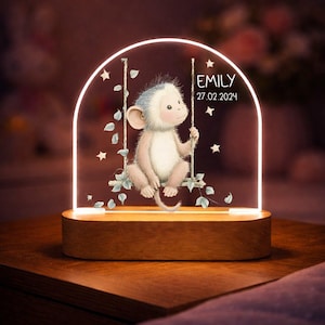 Może przedstawiać: Dekoracyjna lampka nocna z kreskówkową małpką na huśtawce, z imieniem "EMILY" i datą "27.02.2024". Posiada drewnianą podstawę i przezroczysty, łukowaty wierzch z gwiazdami i liśćmi.