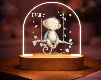 Monkey night light, personalized with name and birthday, sleep light, baby gift, christening, birthday, kindergarten, gift, lp34
