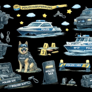 Könnte beinhalten: Illustration verschiedener Polizei- und Strafverfolgungsausrüstung, darunter ein Polizeiboot, ein gepanzertes Fahrzeug und ein Polizeihund. Das Bild zeigt auch einen Polizisten, einen Tatort mit Beweis-Markierungen und ein Banner mit der Aufschrift "POUZEIABSPERRUNG".