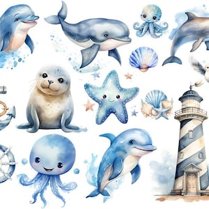 Könnte beinhalten: Ein Set mit Aquarell-Illustrationen, die verschiedene Elemente zum Thema Meer zeigen, darunter Delfine, eine Robbe, ein Oktopus, ein Seestern, Muscheln, einen Leuchtturm und einen Anker. Die Illustrationen sind in Blautönen, Weiß und Grau gemalt.