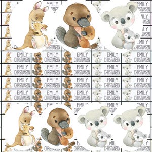 Puede incluir: Hoja de etiquetas de nombre personalizadas con ilustraciones de acuarela de un canguro, un ornitorrinco y un koala con sus crías. Cada etiqueta tiene el nombre "EMILY CHRISTIANSEN" impreso en negro.