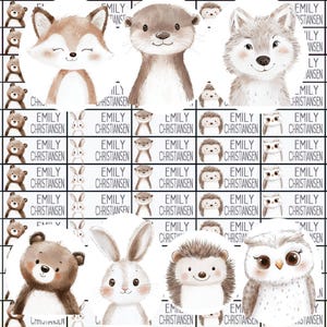 Namensaufkleber, Schulaufkleber, Etiketten mit Name, personalisiert,Bügeletiketten, Junge, Waldtiere, Fuchs, Wolf, Bär, Eule
