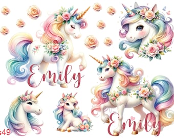 May include: Two colorful unicorn illustrations with rainbow manes and tails. The unicorns are surrounded by flowers and the name "Emily" is written in pink script below each unicorn.