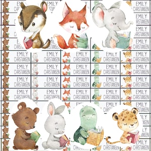 Name stickers, school stickers, reading, forest animals with book, school beginners, reading beginners, labels with name, personalized, girls, NA43