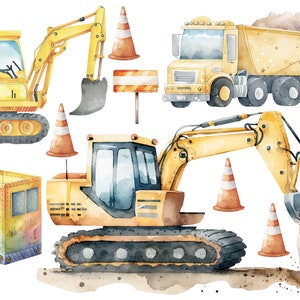 Könnte beinhalten: Eine Aquarell-Illustration einer Baustelle mit gelben Baumaschinen, darunter ein Kipplaster, ein Bagger und ein Radlader. Außerdem sind orangefarbene Verkehrskegel und ein gelbes Bauschild zu sehen.
