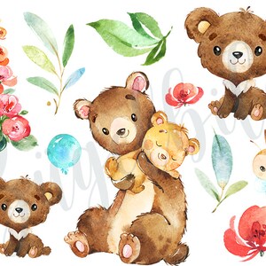 Könnte beinhalten: Aquarell-Illustration einer braunen Bärenfamilie mit einer Biene und Blumen. Die Mutterbärin hält ein kleineres Bärenjunges. Die Illustration ist perfekt für ein Kinderzimmer oder eine Kindertagesstätte.