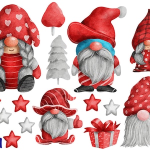 Könnte beinhalten: Ein Set mit Aquarell-Illustrationen mit Gnomen, Weihnachtsbäumen, Sternen und einer Geschenkbox. Die Gnomen tragen rote und weiße Hüte und haben weiße Bärte. Die Weihnachtsbäume sind grün und weiß. Die Sterne sind rot und weiß. Die Geschenkbox ist rot und weiß mit einer roten Schleife.