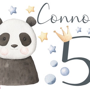 Könnte beinhalten: Eine Aquarell-Illustration eines Pandabären mit einer Krone und der Zahl 5. Die Illustration ist von Sternen und Punkten umgeben. Der Text "Connor" ist in Kursivschrift über der Zahl geschrieben.