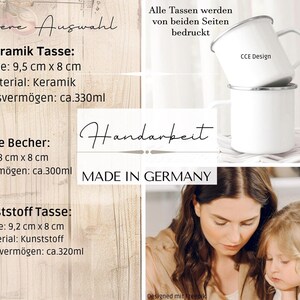 May include: White enamel mugs with silver rims are stacked, showcasing the "CCE Design" logo. The image also displays text in German, including product details for ceramic, enamel, and plastic mugs, with dimensions in centimeters and capacity in milliliters. The mugs are "Made in Germany."