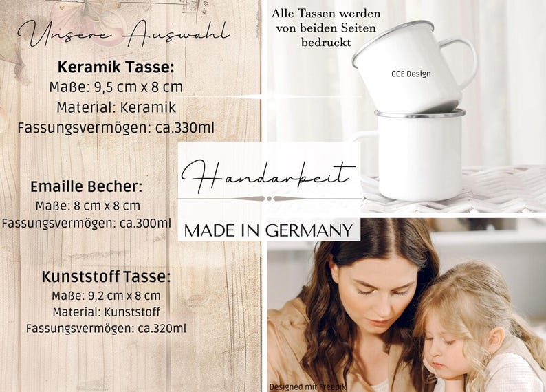 May include: White enamel mugs with silver rims are stacked, showcasing the "CCE Design" logo. The image also displays text in German, including product details for ceramic, enamel, and plastic mugs, with dimensions in centimeters and capacity in milliliters. The mugs are "Made in Germany."