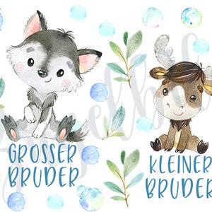 Könnte beinhalten: Aquarell-Illustration eines Wolfes und eines Elches mit blauen Blasen und grünen Blättern. Der Wolf sitzt und sagt "Grosser Bruder" und der Elch sitzt und sagt "Kleiner Bruder".