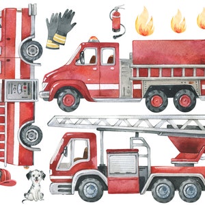 Könnte beinhalten: Aquarell-Illustration eines roten Feuerwehrautos, Feuerwehrhuts, Dalmatiner-Welpen, Flammen, Feuerlöschers und Hydranten. Die Feuerwehrautos haben silberne Leitern und Details. Der Feuerwehrhut hat die Nummer 5. Der Welpe ist schwarz und weiß.